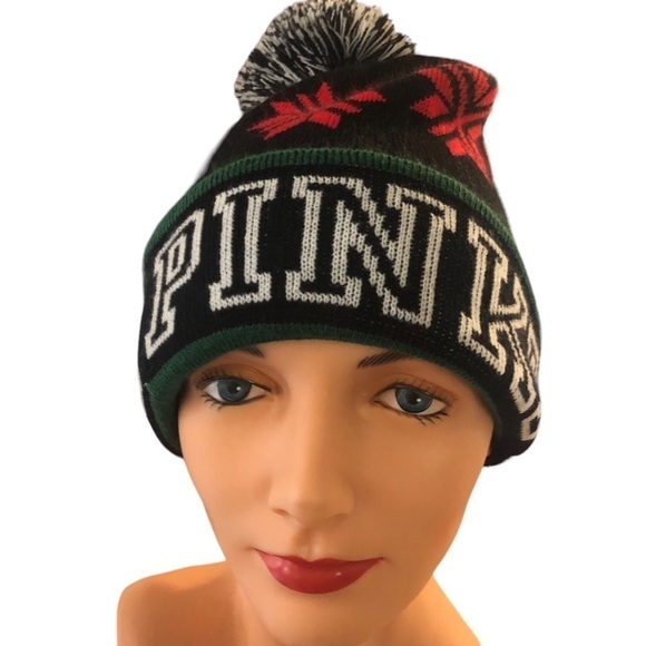 Pink Victoria’s Secret Stocking Cap Beanie Pom Pom Spelled Out Logo Black Red OS - Picture 1 of 5